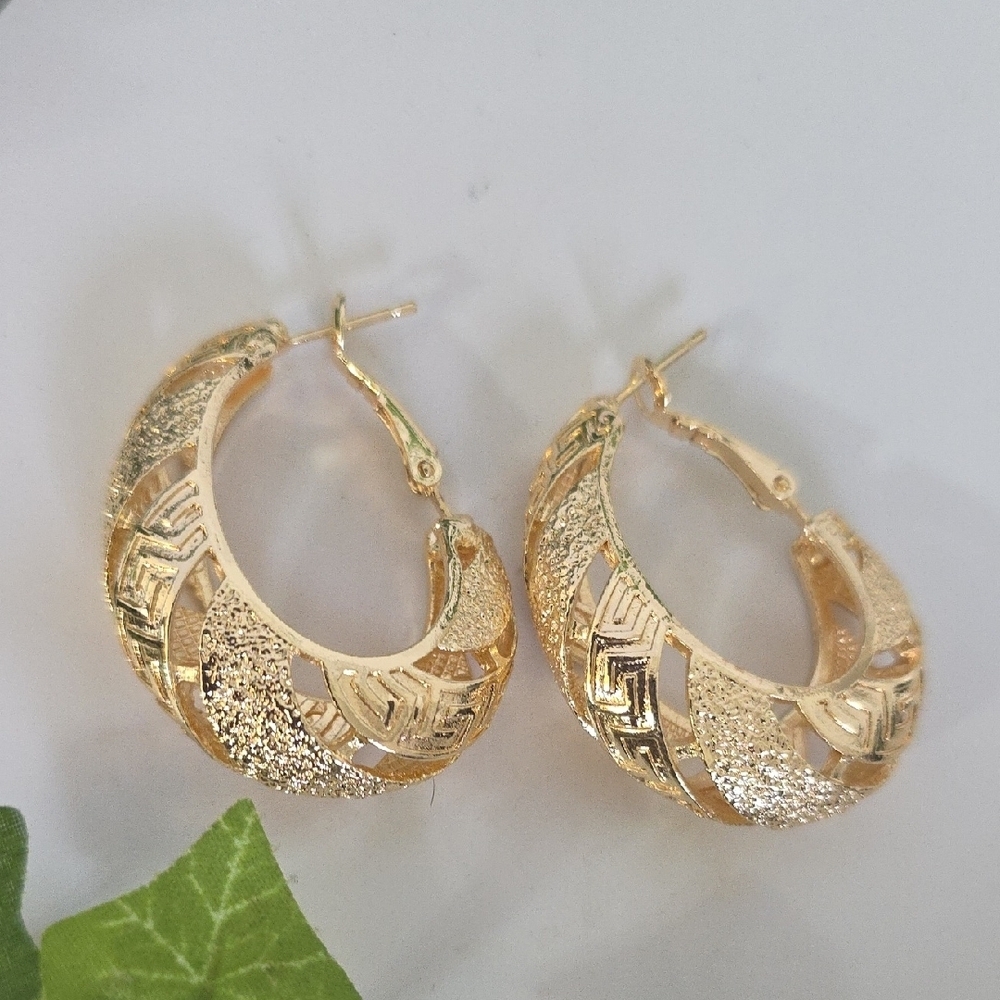 Gold Filled Oval Hoop Earrings Shimmer Greek Key